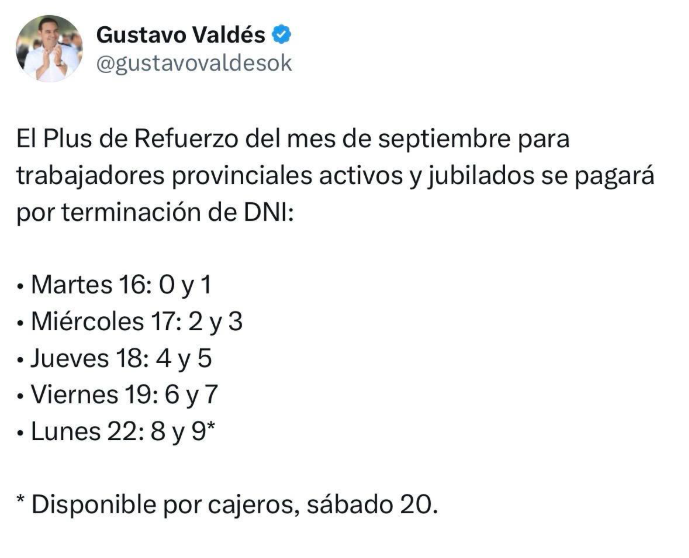 PLUS DE REFUERZO: GUSTAVO VALDÉS ANUNCIA DÍAS DE PAGO DE SEPTIEMBRE