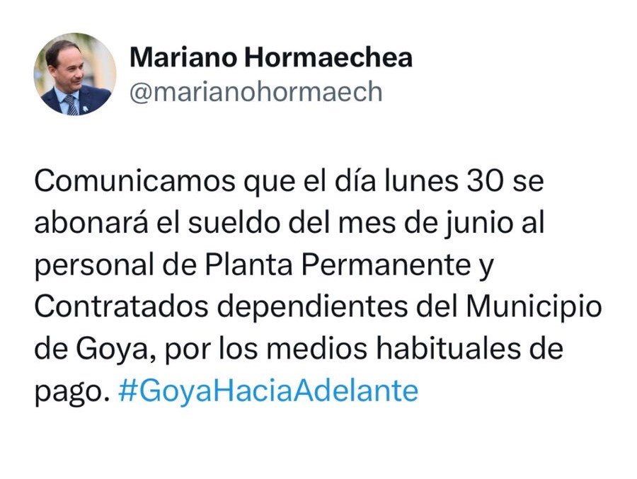 MUNICIPALIDAD DE GOYA ABONARÁ ESTE LUNES EL SUELDO CORRESPONDIENTE AL MES DE JUNIO