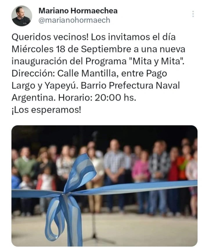 PROGRAMA "MITA Y MITA": Nueva inauguración este miércoles en barrio "Prefectura Naval Argentina"