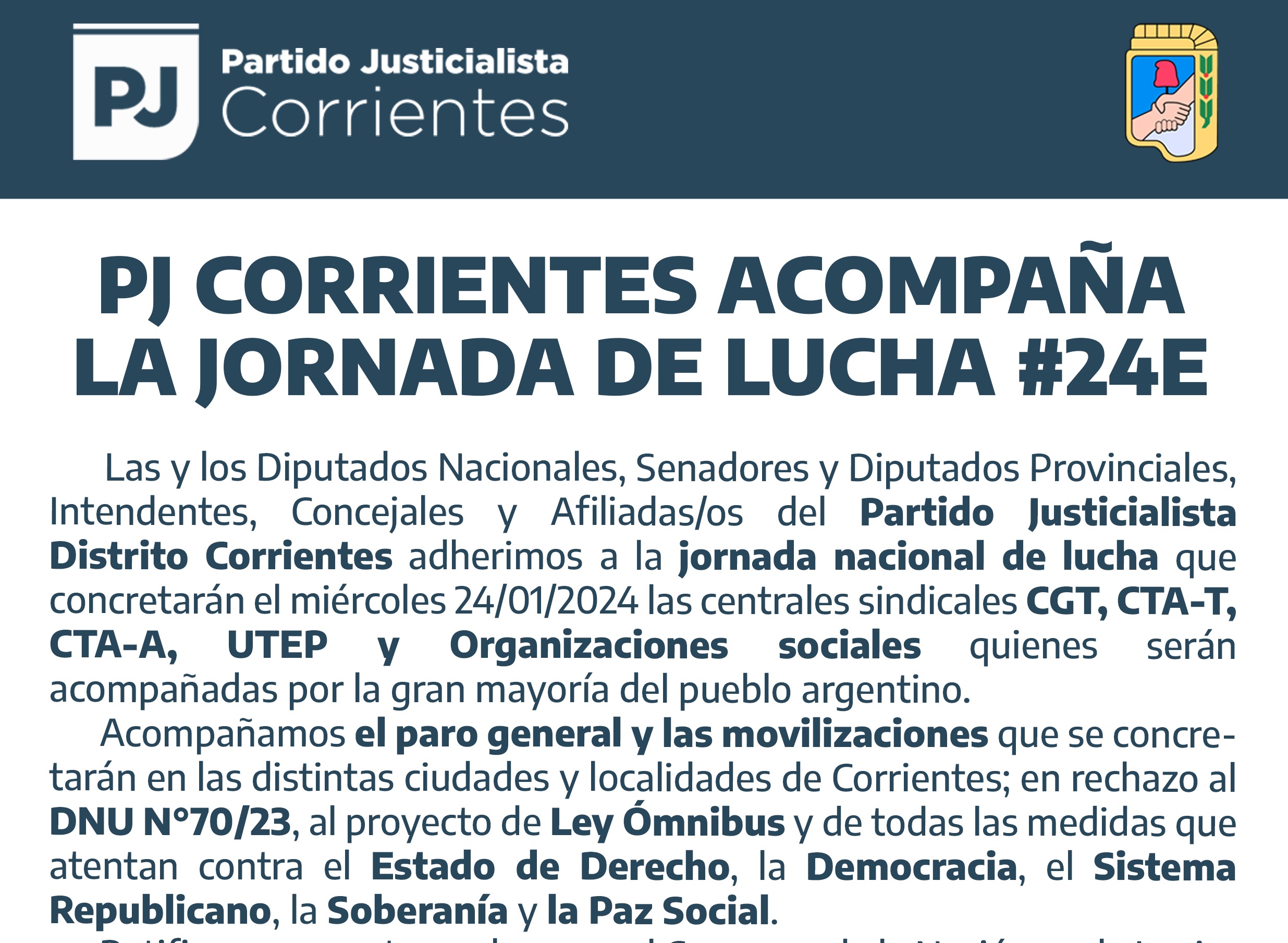 EL PJ CORRIENTES ACOMPAÑA LA JORNADA DE LUCHA DEL #24E