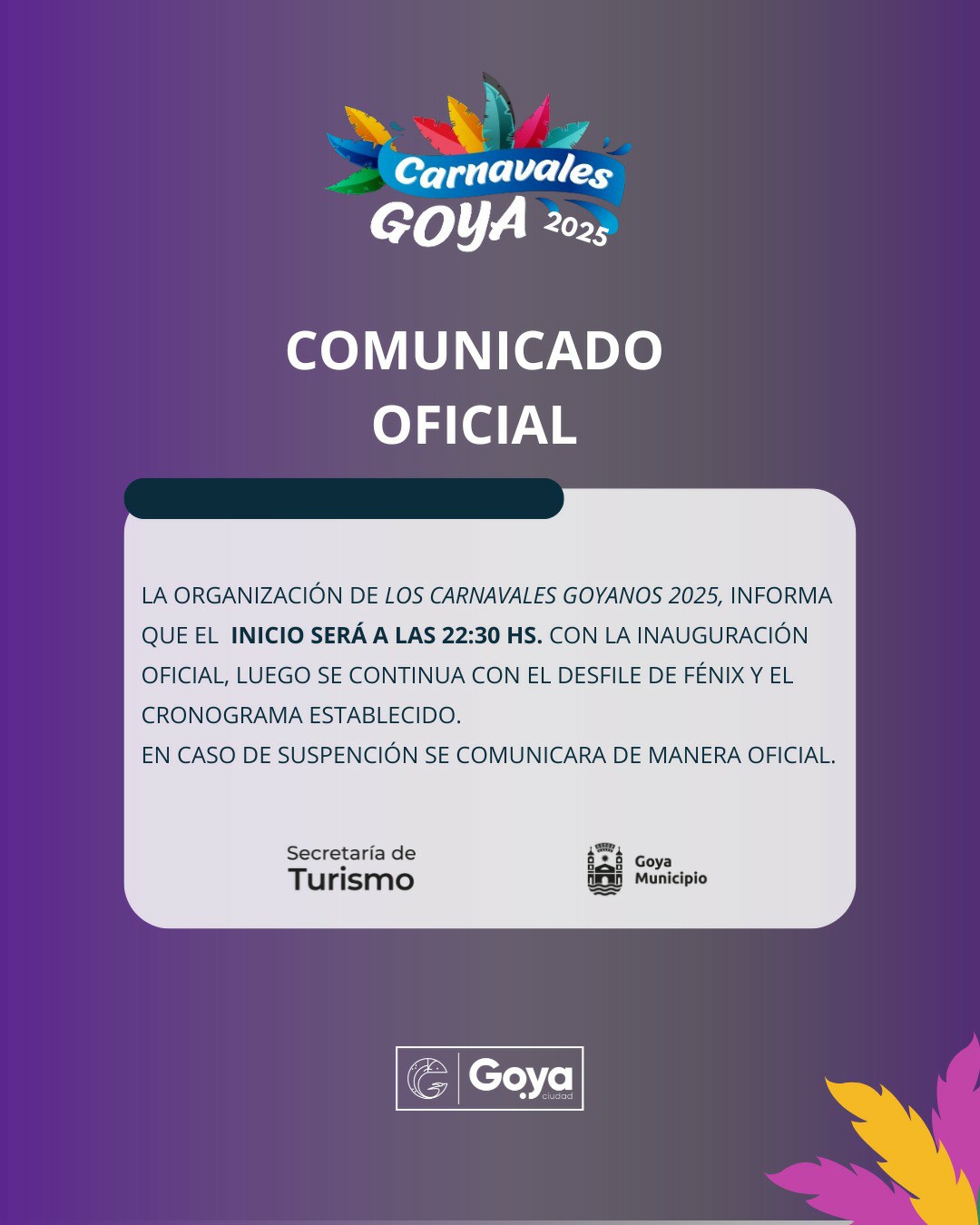 Comunicado Oficial: se reprograma el horario de Inicio para los Corsos Goyanos