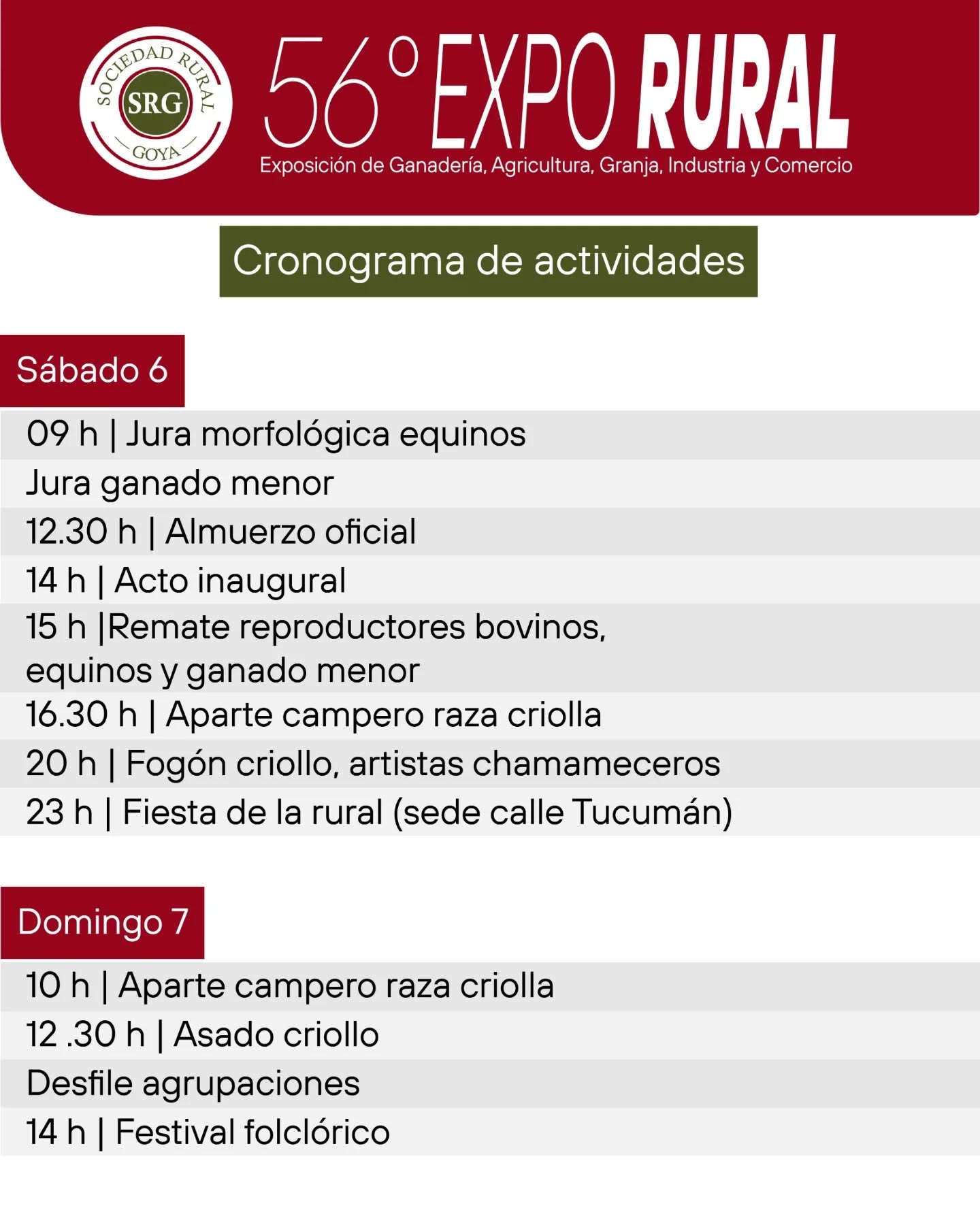 CRONOGRAMA COMPLETO PARA EL FIN DE SEMANA DE LA EXPO RURAL GOYA 56º EDICIÓN