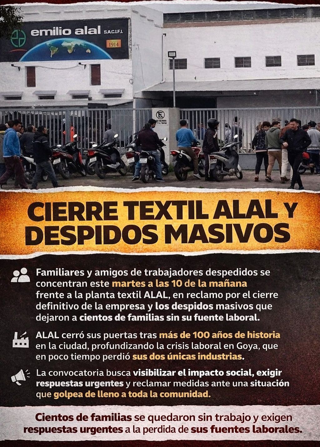 ESTE MARTES 10HS: PROTESTA EN HILANDERÍA ALAL POR CIERRE Y DESPIDOS