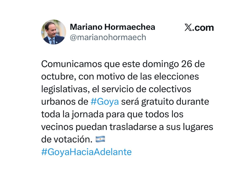 COLECTIVOS URBANOS GRATUITOS EN GOYA DURANTE LA JORNADA ELECTORAL DEL DOMINGO