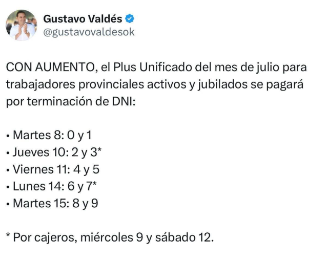 VALDÉS ANUNCIÓ EL CRONOGRAMA DE PAGO DEL PLUS UNIFICADO CON AUMENTO
