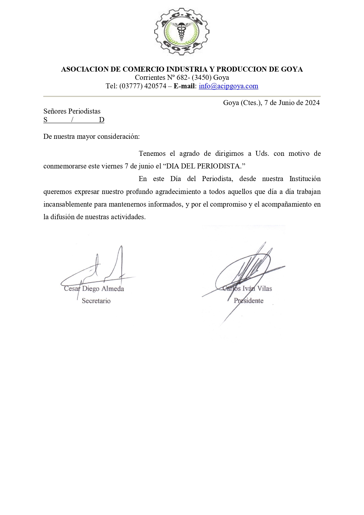 SALUTACION DE LA ASOCIACION DE COMERCIO POR DIA DEL PERIODISTA