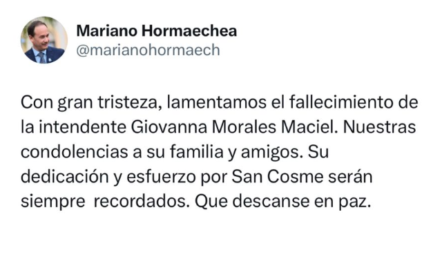 COMUNICADO DEL INTENDENTE HORMAECHEA ANTE EL FALLECIMIENTO DE LA INTENDENTE DE SAN COSME