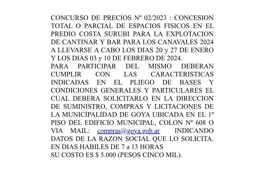 CONCURSO DE PRECIOS Nº 02/2023: CONCESIÓN TOTAL O PARCIAL DE ESPACIOS FÍSICOS EN EL PREDIO COSTA SURUBI PARA LA EXPLOTACIÓN DE CANTINAR Y BAR PARA LOS CARNAVALES 2024
