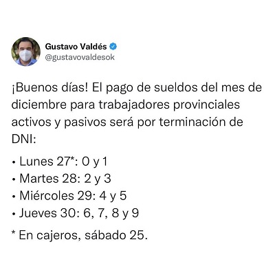 El gobernador Valdés anunció el cronograma de sueldos del mes de diciembre   