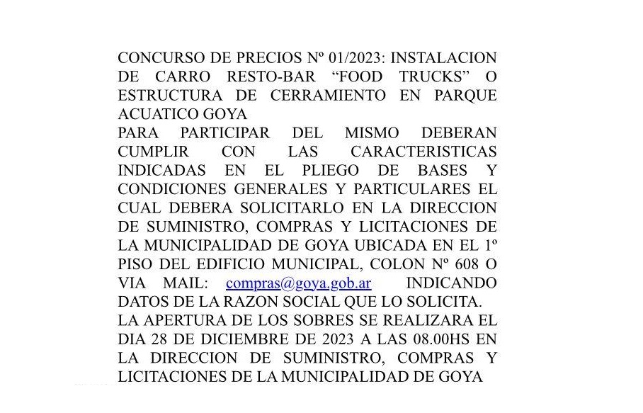 CONCURSO DE PRECIOS Nº 01/2023: INSTALACIÓN DE CARRO RESTO-BAR “FOOD TRUCKS” O ESTRUCTURA DE CERRAMIENTO EN PARQUE ACUÁTICO GOYA