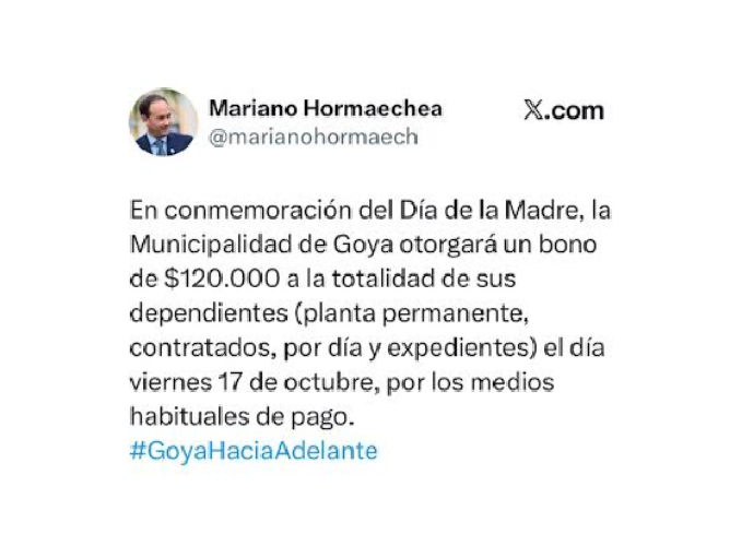 LA MUNICIPALIDAD ABONARÁ UN BONO DE 120 MIL PESOS A LOS DEPENDIENTES DEL MUNICIPIO POR EL DIA DE LA MADRE