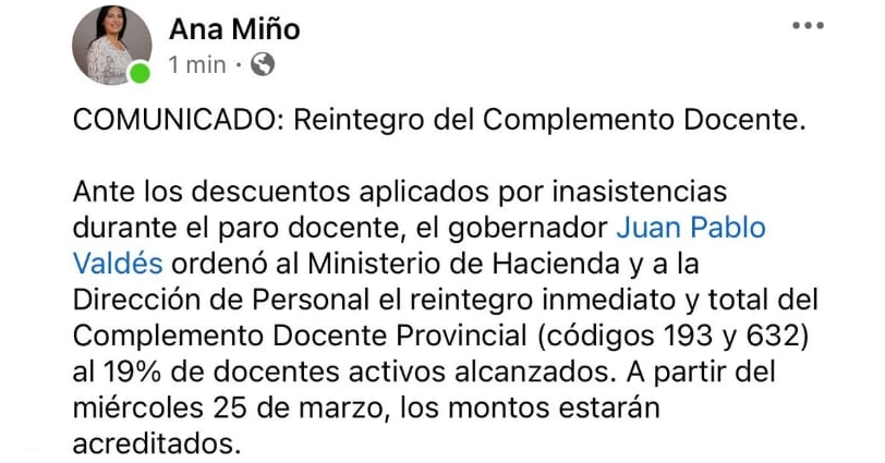 OFICIAL: EL GOBIERNO PROVINCIAL REINTEGRA EL DESCUENTO APLICADO A DOCENTES POR PARO