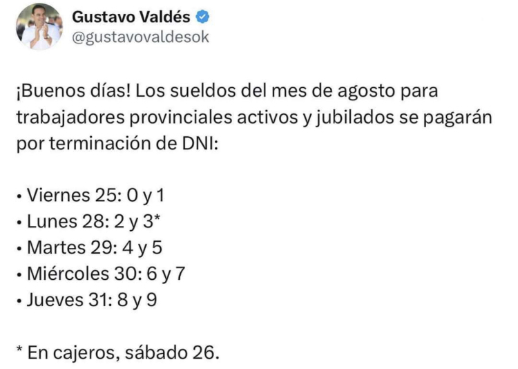 Valdés confirma pago de haberes de agosto 