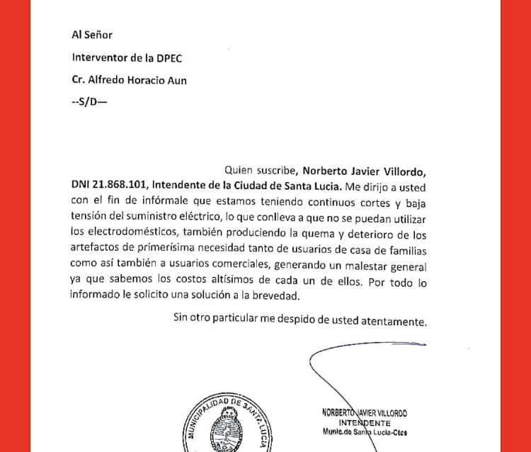 Intendente de Santa Lucía reclamó por el mal funcionamiento de la DPEC
