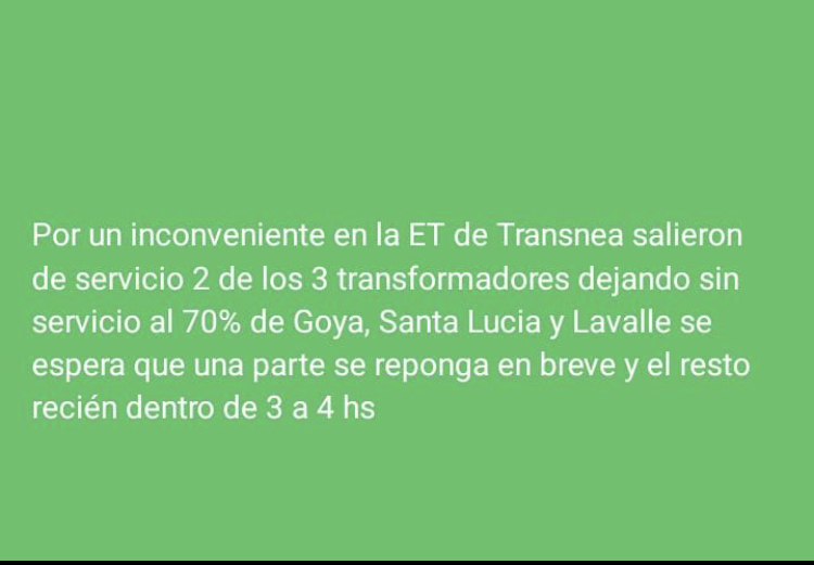 Una falla en Transnea deja sin luz a Goya,Lavalle y Santa Lucía