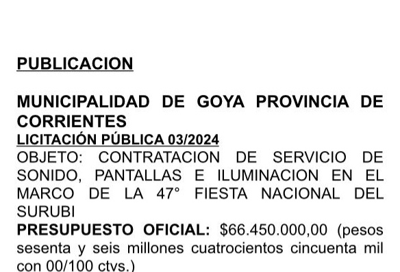 LICITACIÓN PÚBLICA 03/2024  OBJETO - CONTRATACIÓN DE SERVICIO DE SONIDO, PANTALLAS  E ILUMINACIÓN EN EL MARCO DE LA 47° FIESTA NACIONAL DEL SURUBI