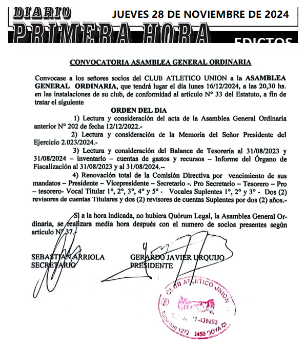 JUEVES 28 DE NOVIEMBRE CLUB UNION