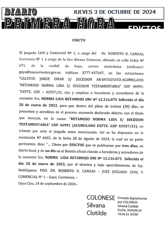 JUEVES 3 DE OCTUBRE DE 2024 Dia 1 calvete