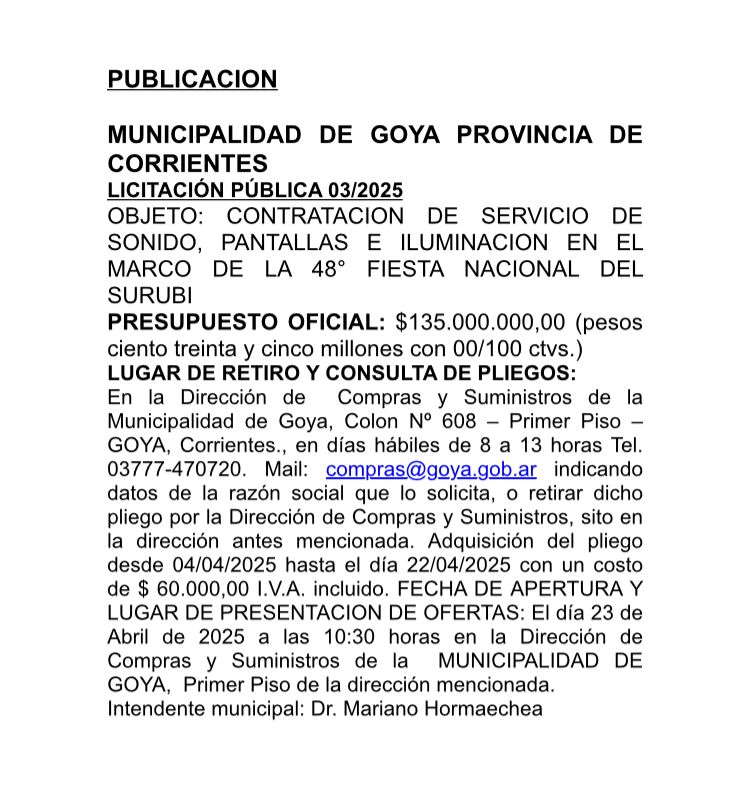 LICITACIÓN PÚBLICA 03/2025: CONTRATACIÓN DE SERVICIO DE SONIDO, PANTALLAS  E ILUMINACIÓN EN EL MARCO DE LA 48° FIESTA NACIONAL DEL SURUBÍ