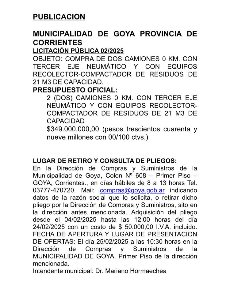 MUNICIPALIDAD DE GOYA PROVINCIA DE CORRIENTES: LICITACIÓN PÚBLICA 02/2025