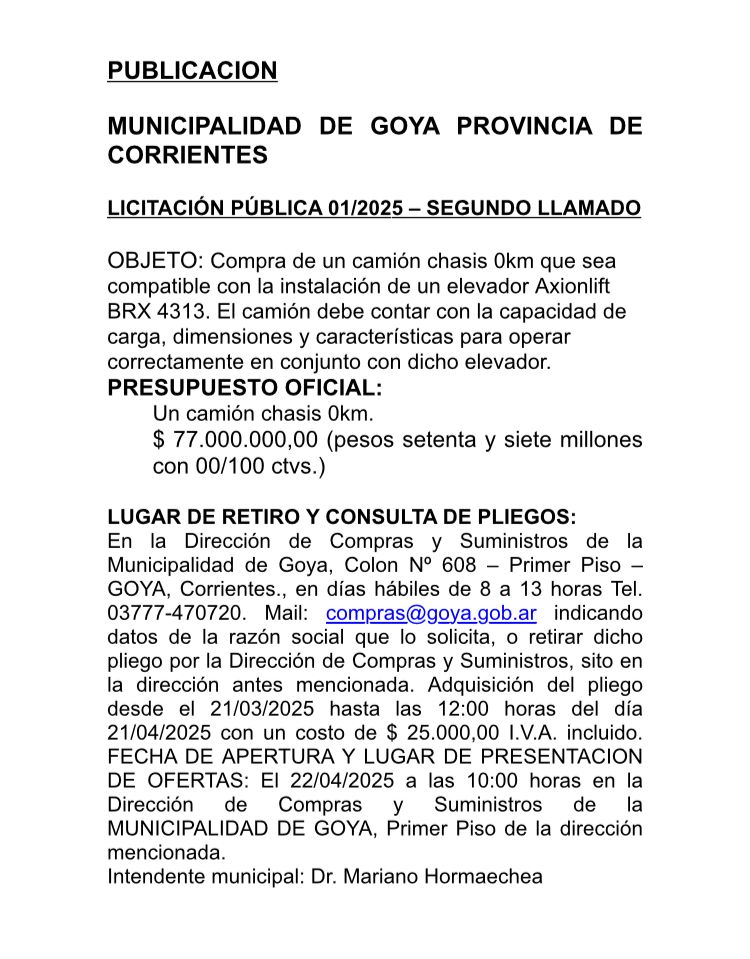 MUNICIPALIDAD DE GOYA: LICITACIÓN PÚBLICA 01/2025 – SEGUNDO LLAMADO