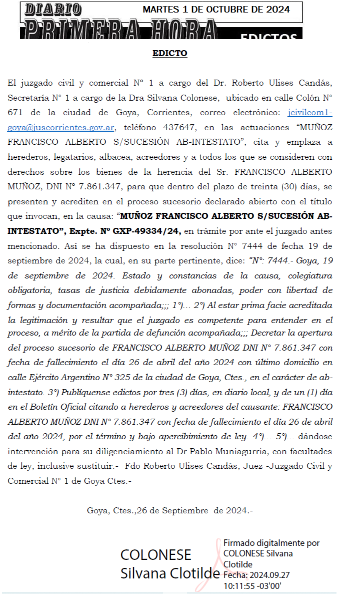 MARTES 1 DE OCTUBRE DE 2024 Dia 1 FACUNDO MUNIAGURRIA