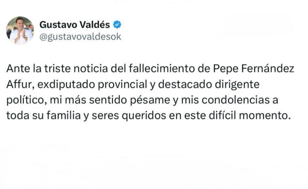 El gobernador Valdés transmitió sus condolencias por el fallecimiento de Fernández Affur