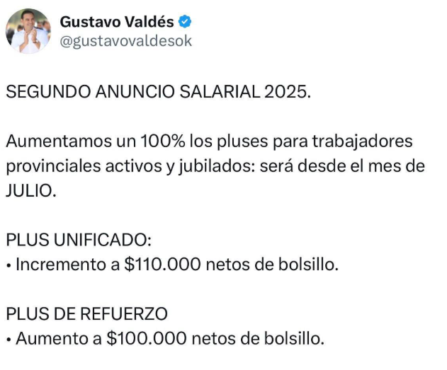 VALDÉS ANUNCIÓ AUMENTOS DEL 100% EN LOS PLUSES SALARIALES PARA TRABAJADORES ACTIVOS Y JUBILADOS PROVINCIALES