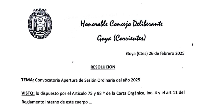 CONCEJALES DE GOYA: CONVOCATORIA A APERTURA PERIODO DE SESIONES ORDINARIAS
