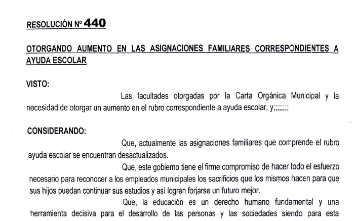 RESOLUCIÓN Nº 440: OTORGANDO AUMENTO EN LAS ASIGNACIONES FAMILIARES CORRESPONDIENTES A AYUDA ESCOLAR
