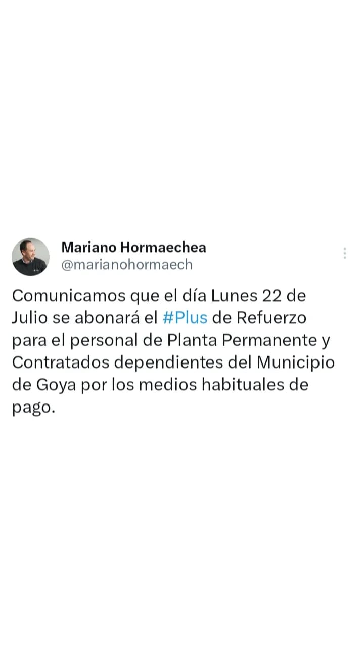 EL MUNICIPIO DE GOYA ABONARÁ PLUS DE REFUERZO  ESTE 22 DE JULIO