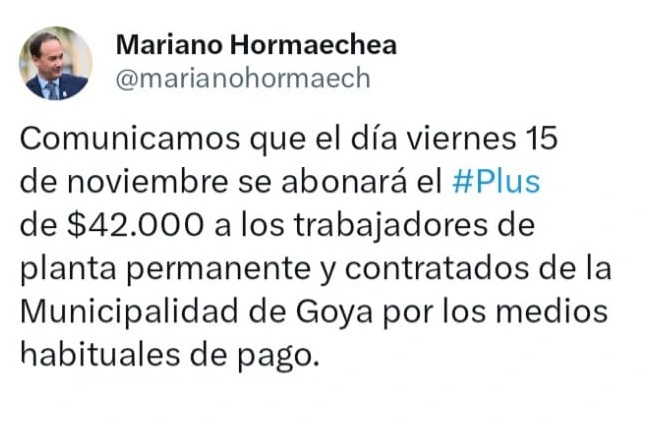INTENDENTE HORMAECHEA COMUNICA EL PAGO DE PLUS AL PERSONAL DE PLANTA Y CONTRATADOS.