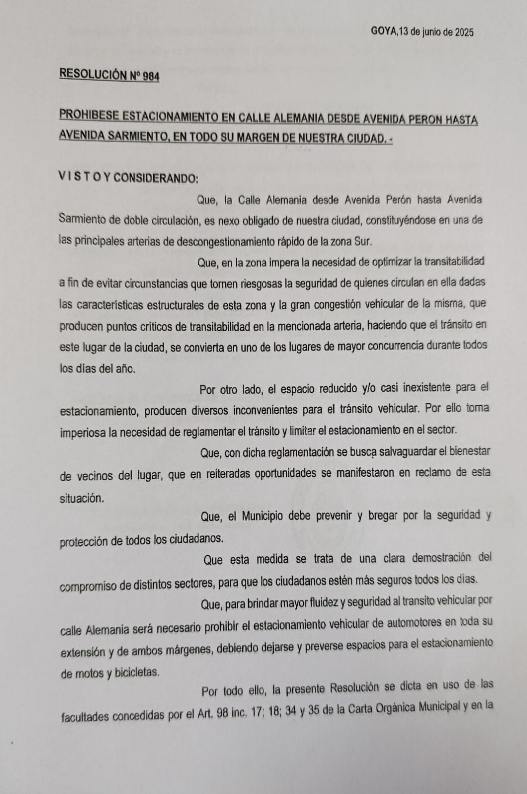 Nueva Resolución Municipal: Restricción de estacionamiento en calle Alemania