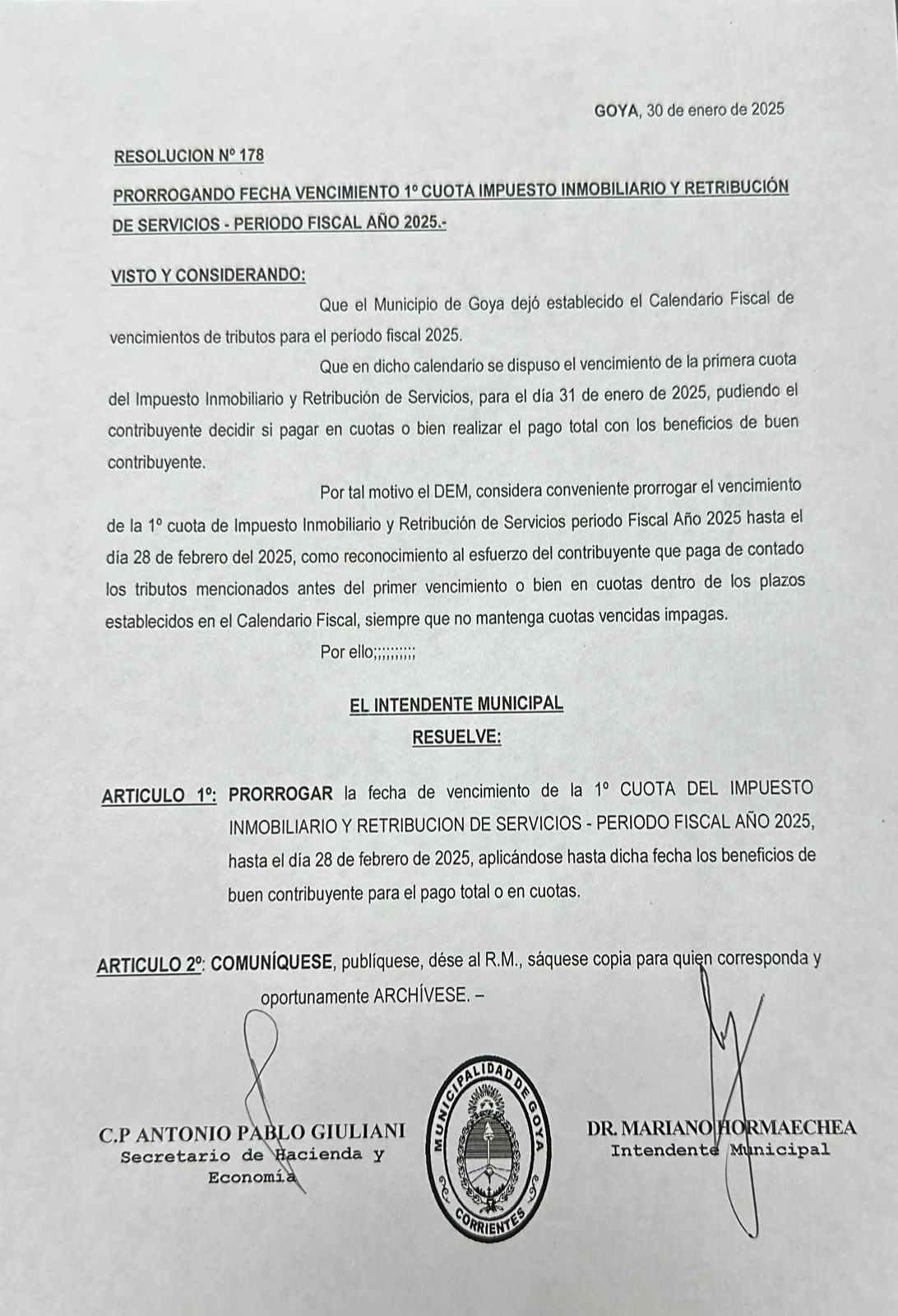 PRORROGAN HASTA EL 28 DE FEBRERO EL VENCIMIENTO DE LA PRIMERA CUOTA DEL IMPUESTO INMOBILIARIO Y RETRIBUCIÓN DE SERVICIOS