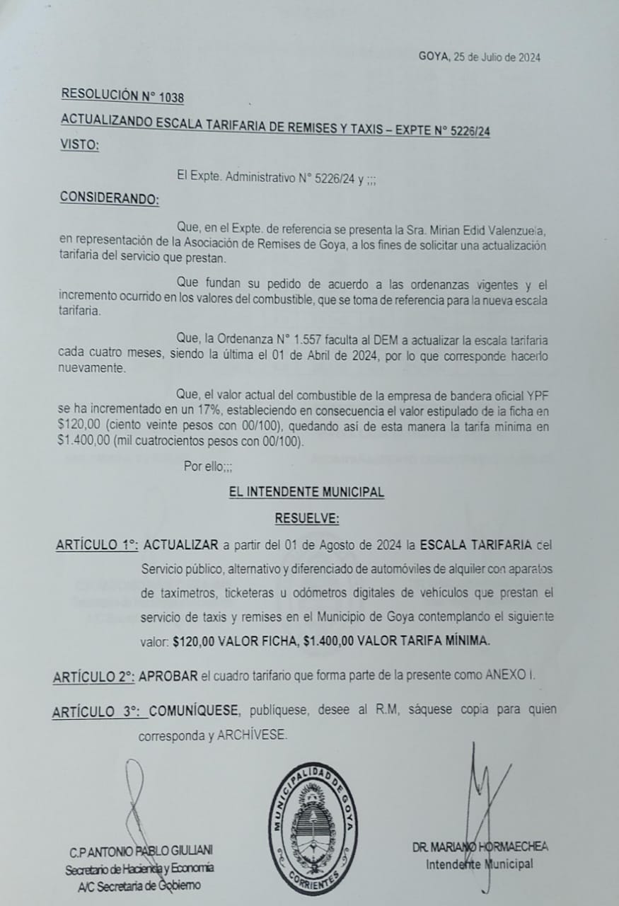 Resolución 1038: SUBEN LAS TARIFAS DE REMISES Y TAXIS DE GOYA