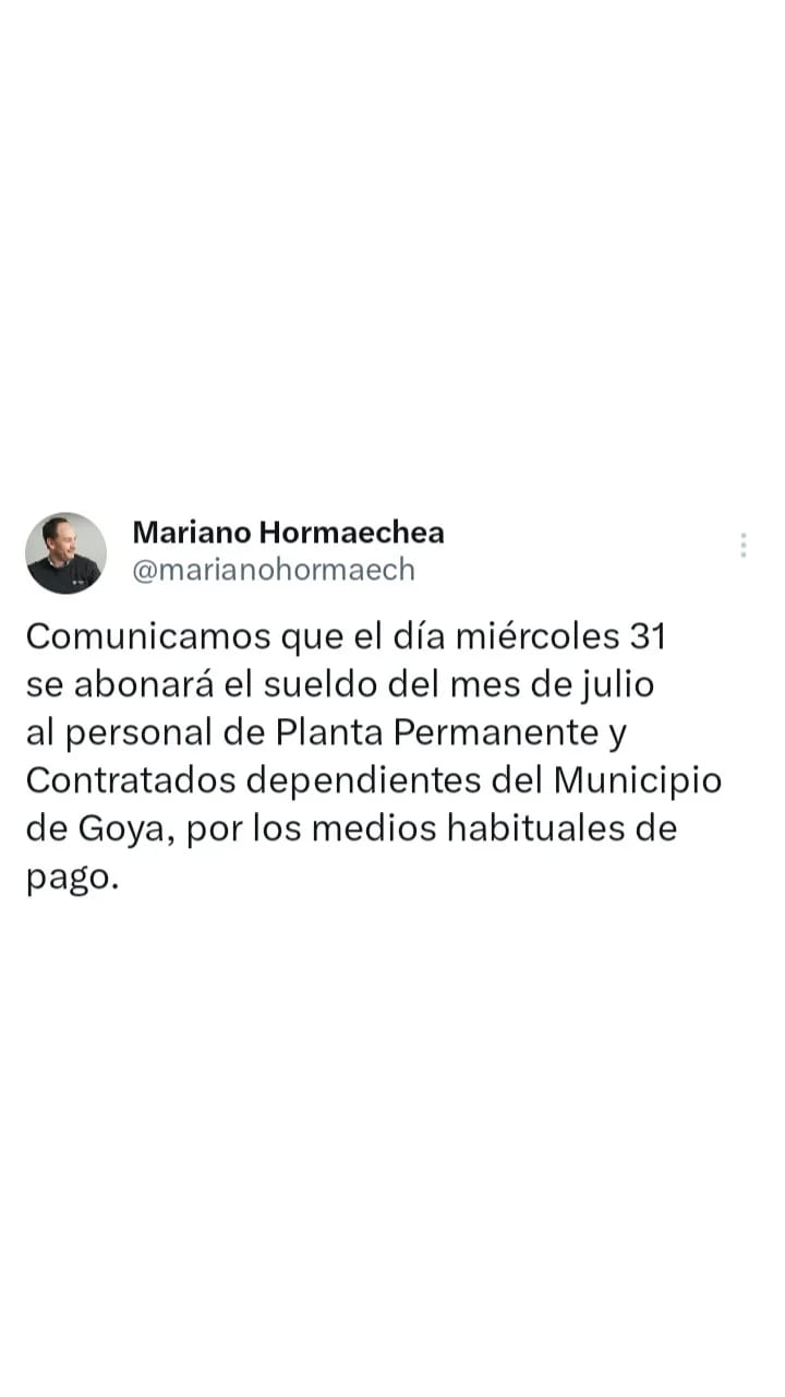 LO ANUNCIO EL INTENDENTE HORMAECHEA: ESTE MIÉRCOLES MUNICIPALES PERCIBIRÁN SU SUELDO