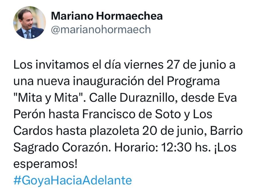 ESTE VIERNES: “MITA Y MITA”INAUGURACIÓN DE CALLE EN BARRIO SAGRADO CORAZÓN DE JESÚS 