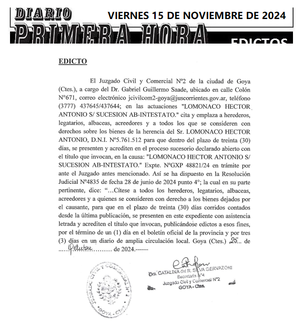 VIERNES 15 DE NOVIEMBRE DE 2024 Dia 1 LOMONACO