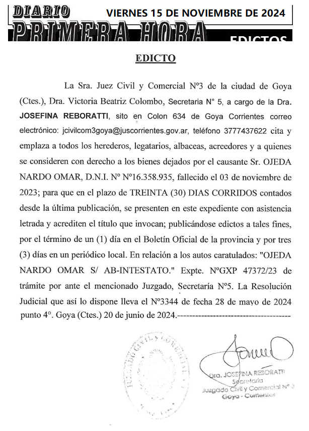 VIERNES 15 DE NOVIEMBRE DE 2024 Dia 1 OJEDA NARDO