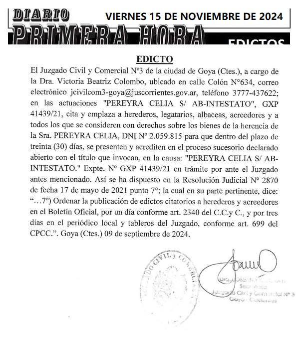 VIERNES 15 DE NOVIEMBRE DE 2024 Dia 1 PEREYRA