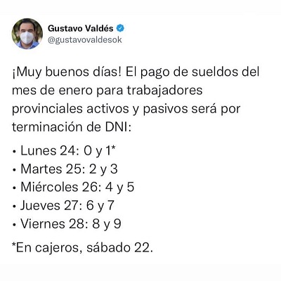 Valdés anunció el pago de haberes y Provincia acumula una inversión superior a los $7.800 millones en enero