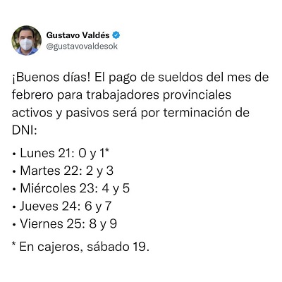 Valdés anunció el pago de haberes y la Provincia acumula en febrero una inversión salarial de $7 mil millones