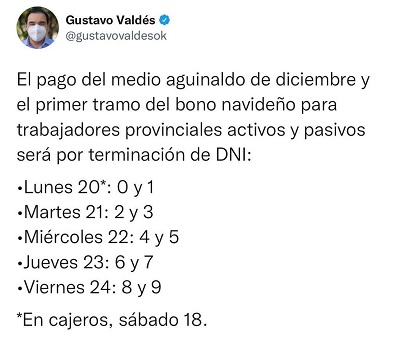 Valdés anunció el pago del medio aguinaldo y el bono navideño