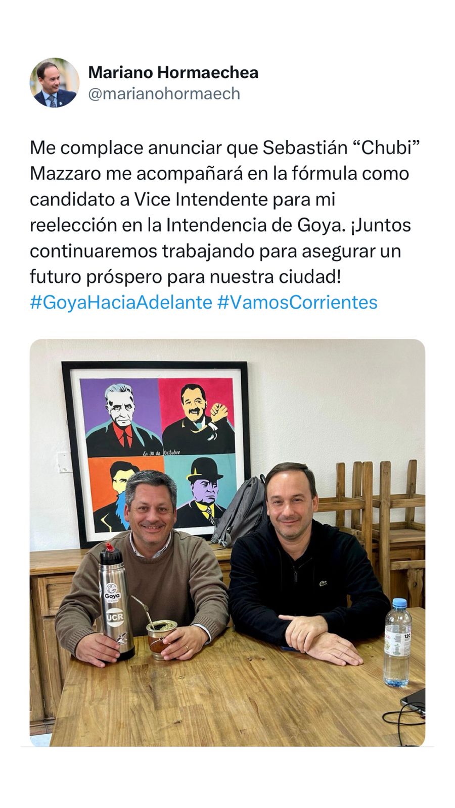 VAMOS GOYA OFICIALIZÓ SU FÓRMULA: "MARIANO HORMAECHEA - SEBASTIAN MAZZARO"
