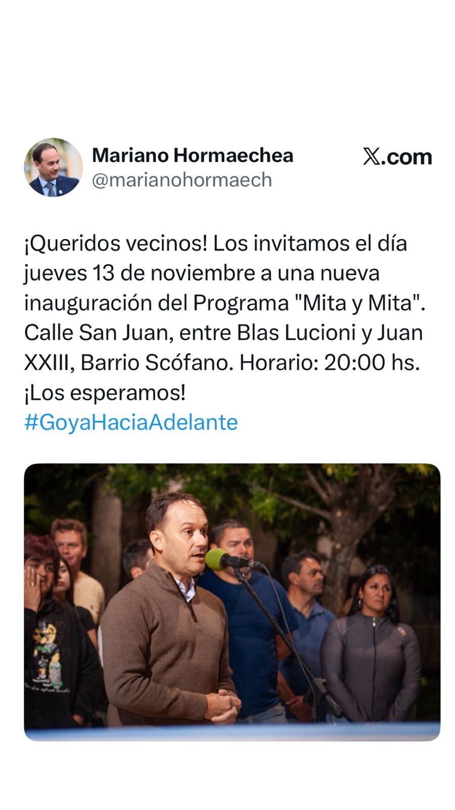 EL INTENDENTE MARIANO HORMAECHEA INVITA A UNA NUEVA INAUGURACIÓN DEL PROGRAMA “MITA Y MITA” EN EL BARRIO SCOFANO