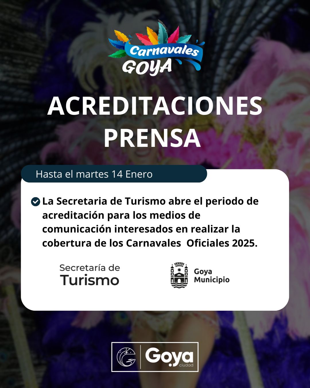 MAÑANA MARTES VENCE EL PERIODO DE ACREDITACIÓN PARA LA COBERTURA DE LOS CARNAVALES GOYANOS 2025