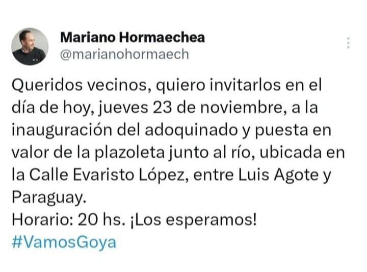 INAUGURACIÓN DE OBRA ADOQUINADO Y PUESTA EN VALOR DE PLAZOLETA A ORILLAS DEL RÍO EN GOYA