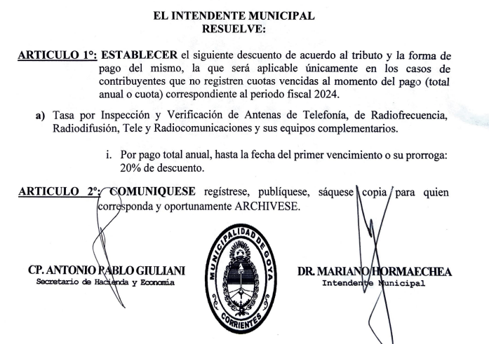 DESCUENTO DEL 20% EN LA TASA DE INSPECCIÓN Y VERIFICACIÓN DE ANTENAS