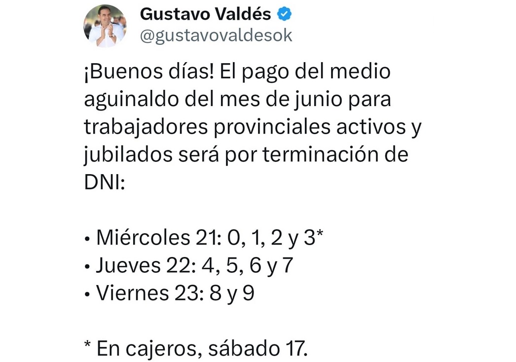 El Gobernador Valdés confirma días de pago del aguinaldo