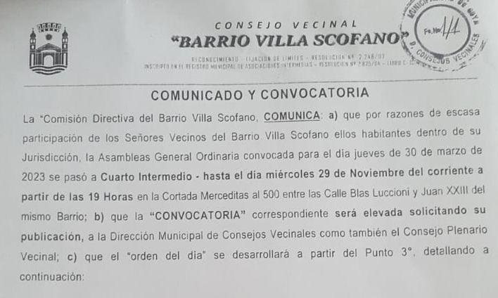 COMUNICADO Y CONVOCATORIA DE COMISIÓN DIRECTIVA DEL BARRIO VILLA SCOFANO